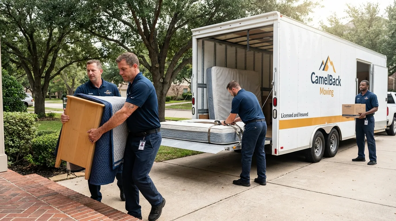 Crew loading residential truck for cross-state move from Matador, TX