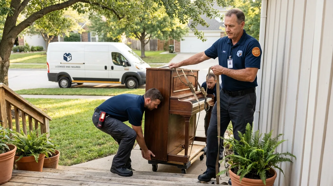 Licensed piano movers securing grand piano in Matador, TX