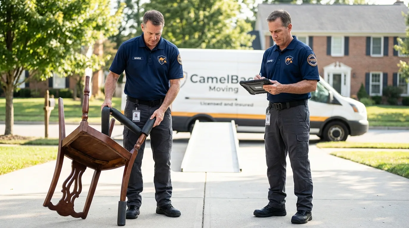 Movers inspecting furniture for damage prevention before loading in Matador, TX
