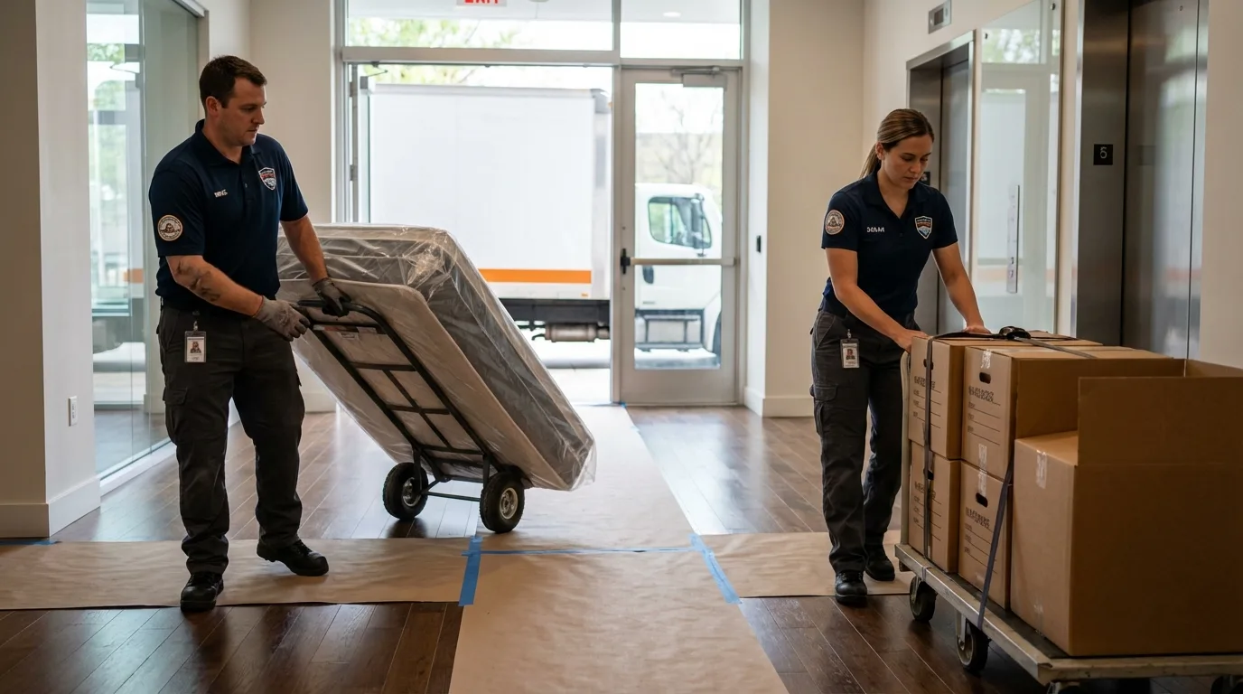 Professional apartment movers loading elevator in Matador, TX