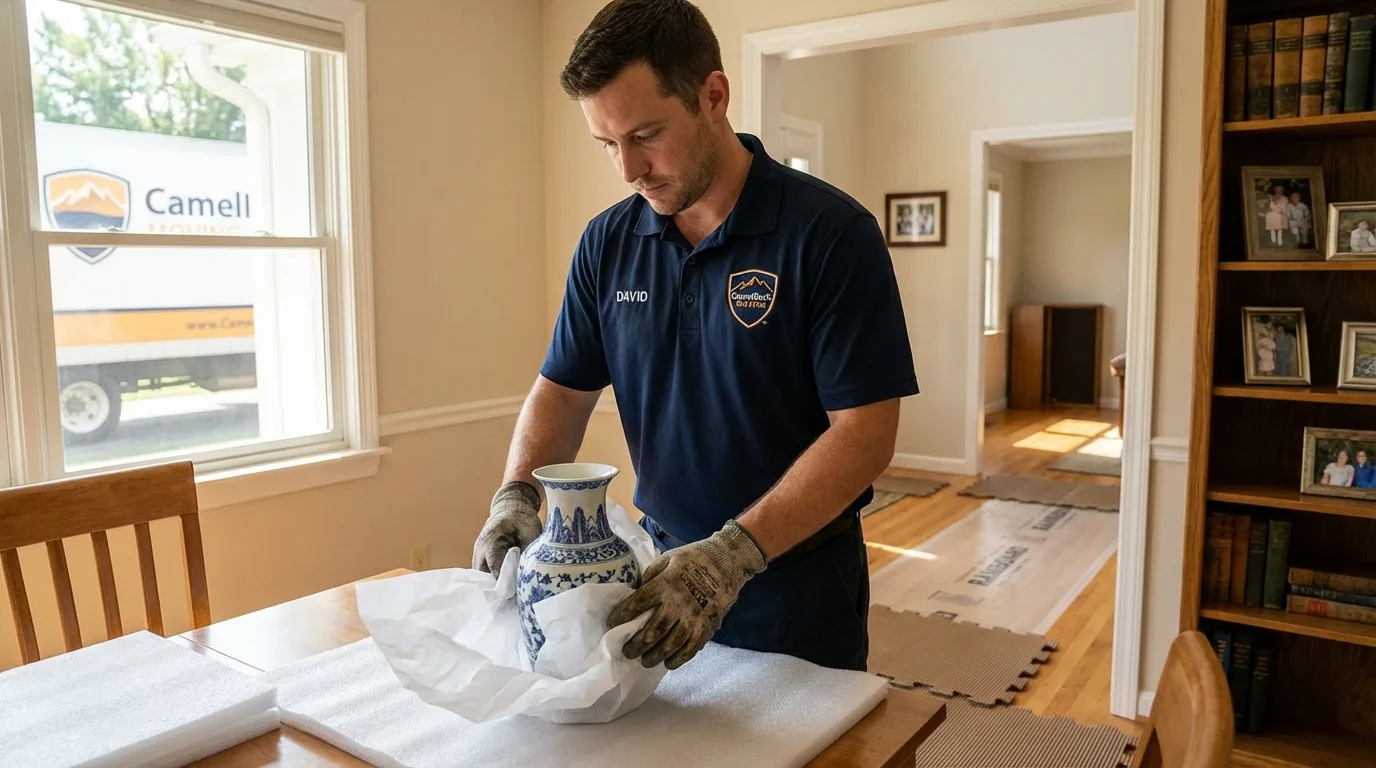 Professional crew carefully wrapping antique vase for senior downsizing move in Matador, TX