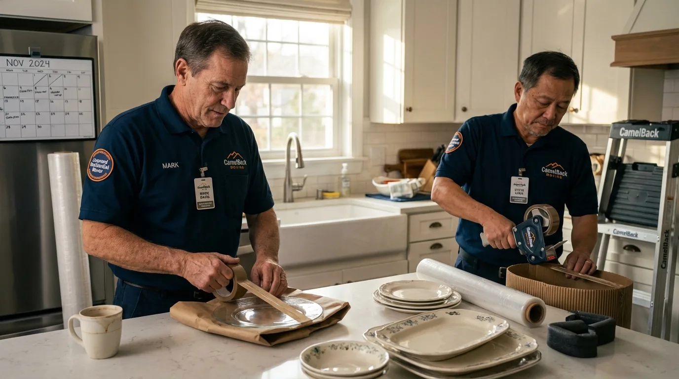 Professional crew packing kitchen dishware in Matador, TX